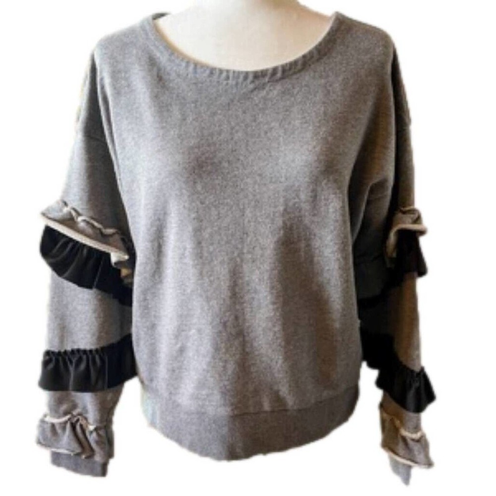 𝅺J.CREW Sweatshirt Gray Black Satin Ruffles